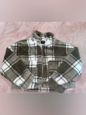Ci Sono Olive & White Plaid Faux Fur Zip Jacket